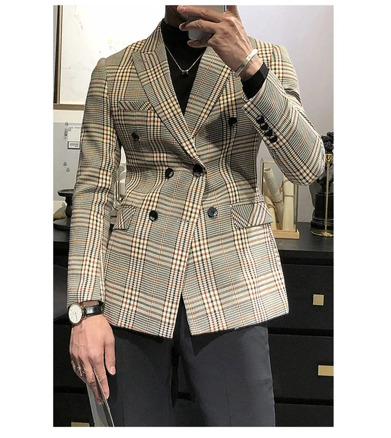 Men\'s Tuxedos New Arrival Plaid Casual Double Breasted Slim Fit Blazer Mens Suit (Only Jacket)