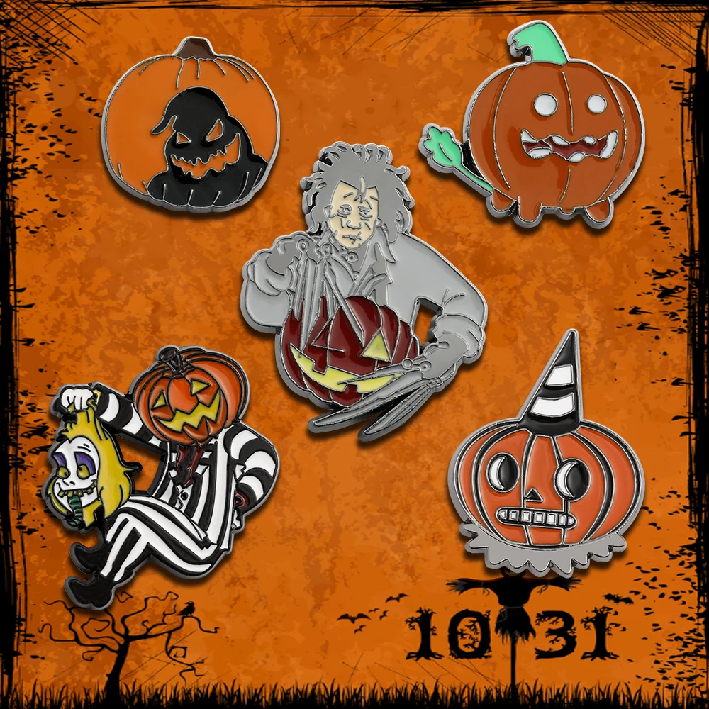 Halloween Enamel Pin New Trend Scissor Hand Edward Pumpkin Ghost Metal Brooch Fun Badge Jewelry Gift