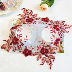 European Festive Red Embroidery Handmade Beading Square Table Mat Placemat Coaster Dust Cover Birthday Wedding Party Decoration