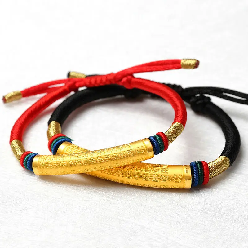 1pcs Real Pure Gold 999 Gold Bracelet For Women Female Long Sutra Lucky Tube Weave Red String Chain 16-18cmL