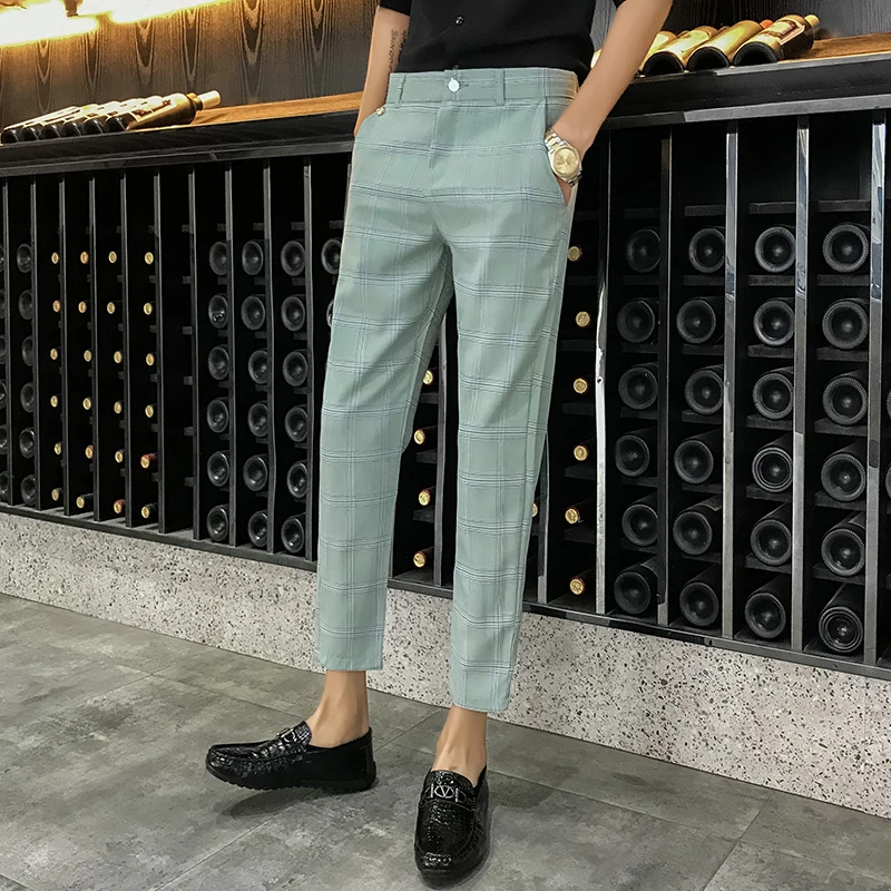 

Plaid Trouser Suits Summer Green Check Wedding Dress Pants Slim Fit Grey Elegant Streetwear Vintage Cropped Pants Tight Work