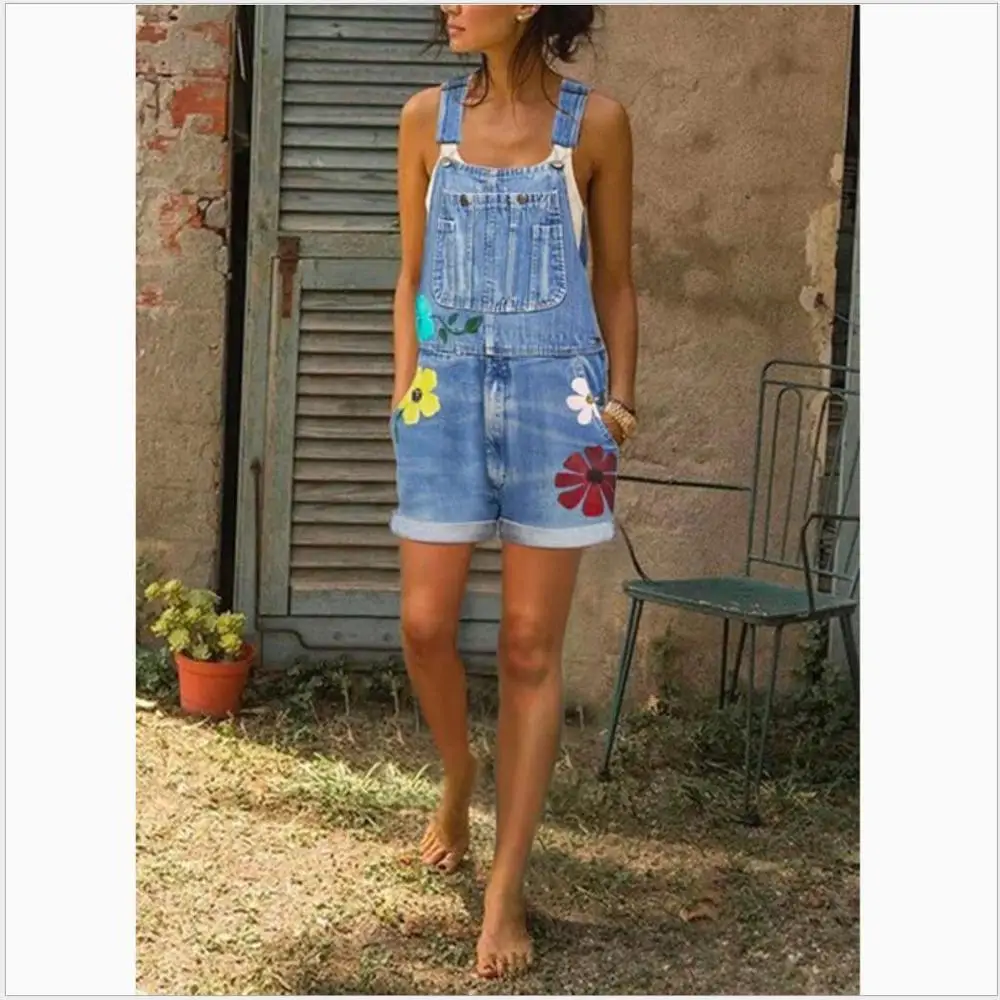 

OMILKA Short Denim Jumpsuit 2020 Summer Women Spaghetti Strap Floral Printed Pocket Club Party Streetwear Jeans Rompes Jumpsuits