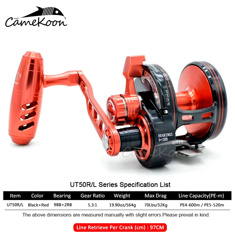 CAMEKOON Slow Jigging Reel Pe5#-520M Max Drag 32kg 11BB All Metal Alloy Drum Wheel Alarm Offshore Deep-Sea Fishing Trolling Coil