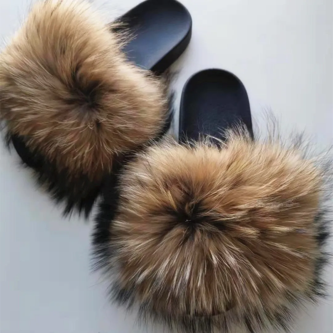 Custom Fur Slippers For Women Ladies Shoes Custom Slides Luxury Fluffy Sandals Indoor Raccoon Fur Slippers