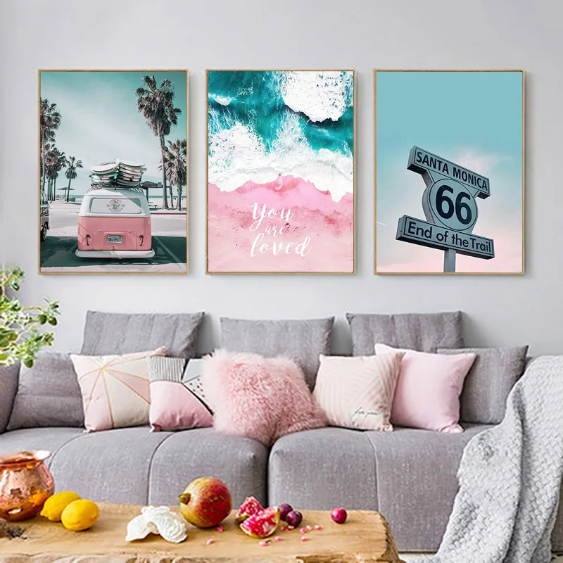 

Pink Beach Noridic Poster White Love Letter Sea Prints Santa Monica Wall Posters Pink Car Green Leaf Tree UnframeZP-3714