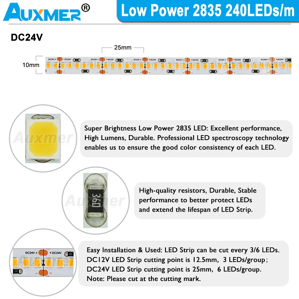 Strisce luminose a LED a bassa potenza 2835, 240LED/m,CRI95 CRI90,IP20,19.2 W/m, larghezza PCB 10mm, fila singola, 1200LED/luci LED Reel DC24V