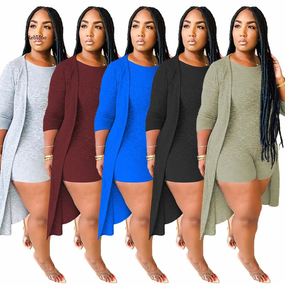 

Women Casual Two Piece Sets Spring New O-Neck Skinny Short Jumpsuits Long Sleeve Cardigan Outfits