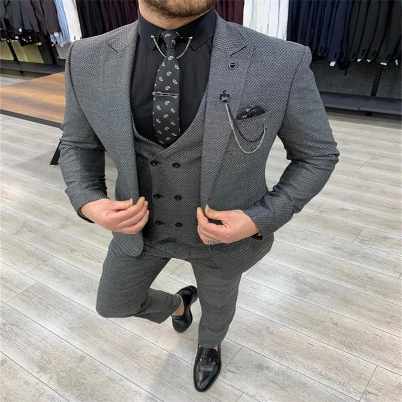 Thick Winter Men Suits 3 Pieces Grey Custom Made Wedding Suits Lapel Royal High Quality Handsome Business Coat+Pant+Vest