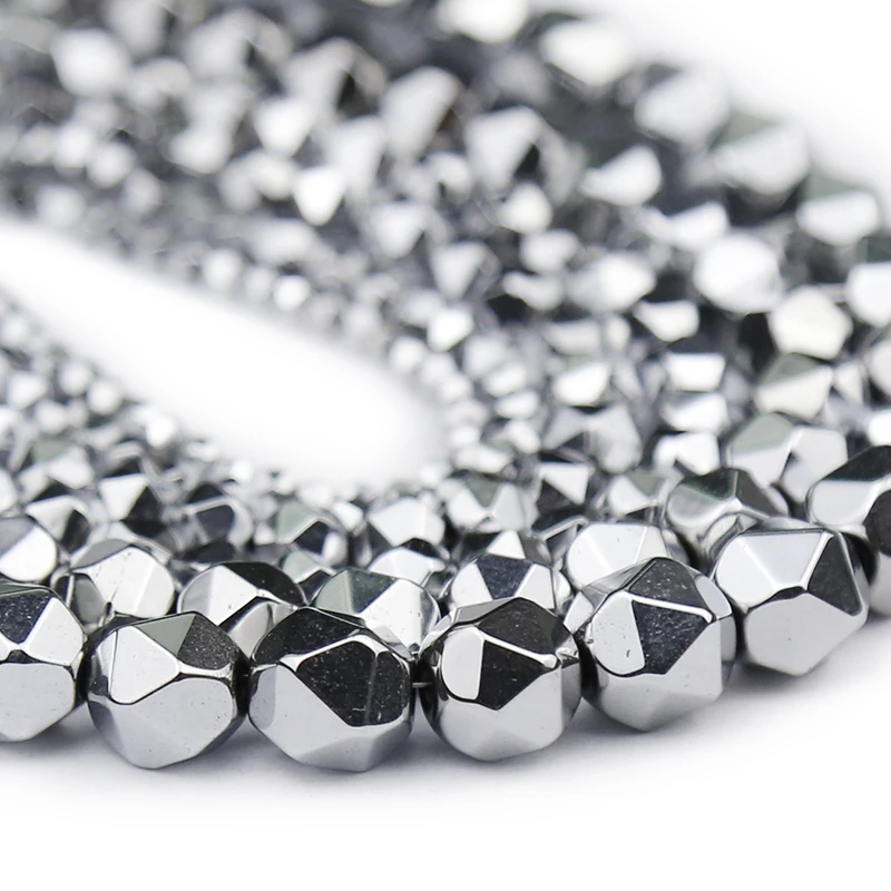 Faceted Silver Color Hematite Natural Stone Beads 3/4/6/8MM Round Spacer Loose Beads for Jewelry Making Diy Bracelet Accessories