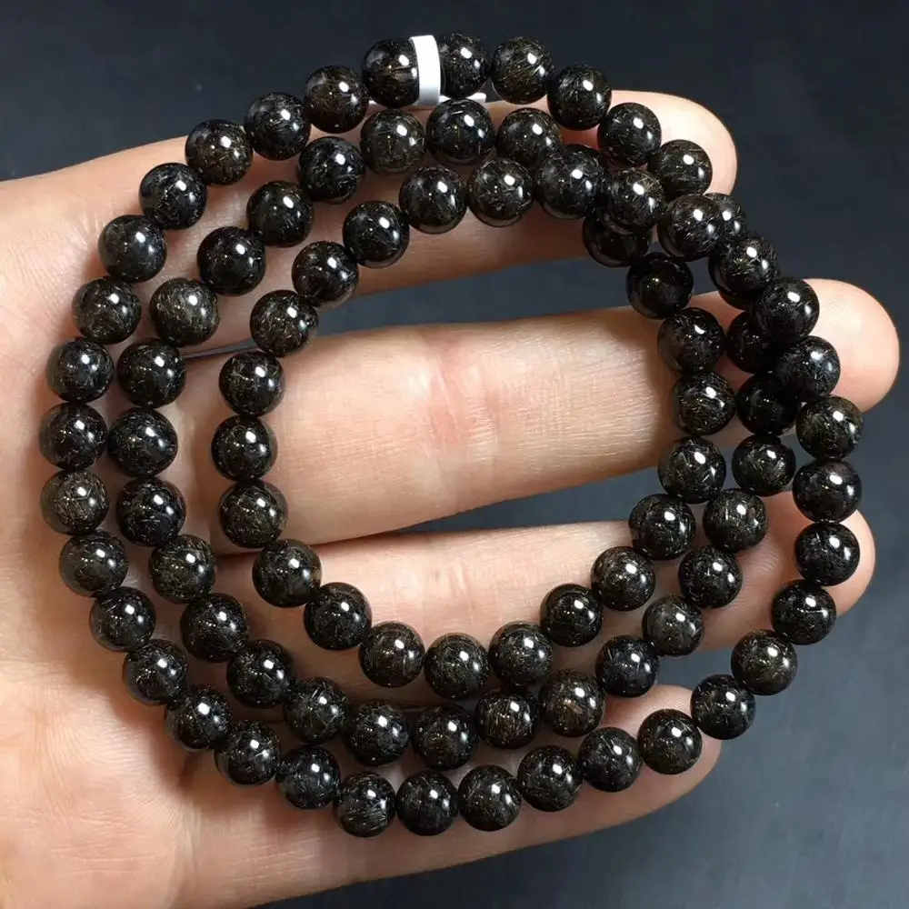 Natural Black Copper Rutilated Quartz Titanium 3 Laps Bracelet Crystal 6.4mm Women Men Round Beads Wealthy Stone Brazil AAAAA