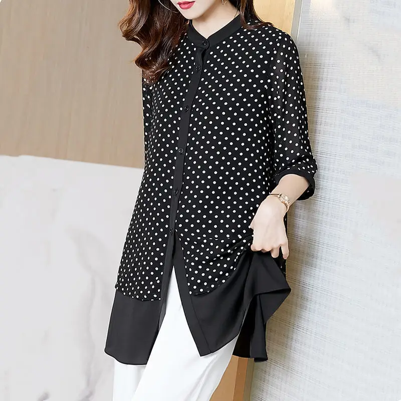 Summer Women Dots Print Chiffon Shirts Blouses Fake Two Pieces Large Size Loose Temperament Tops Mid-Length Blusas MM0316