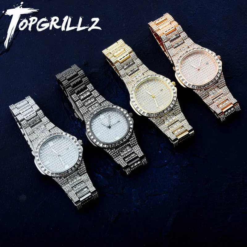 TOPGRILLZ Iced Out Watch Quartz Gold Color Silver Color Micro paved Hip Hop Personality Stainless Steel Watch