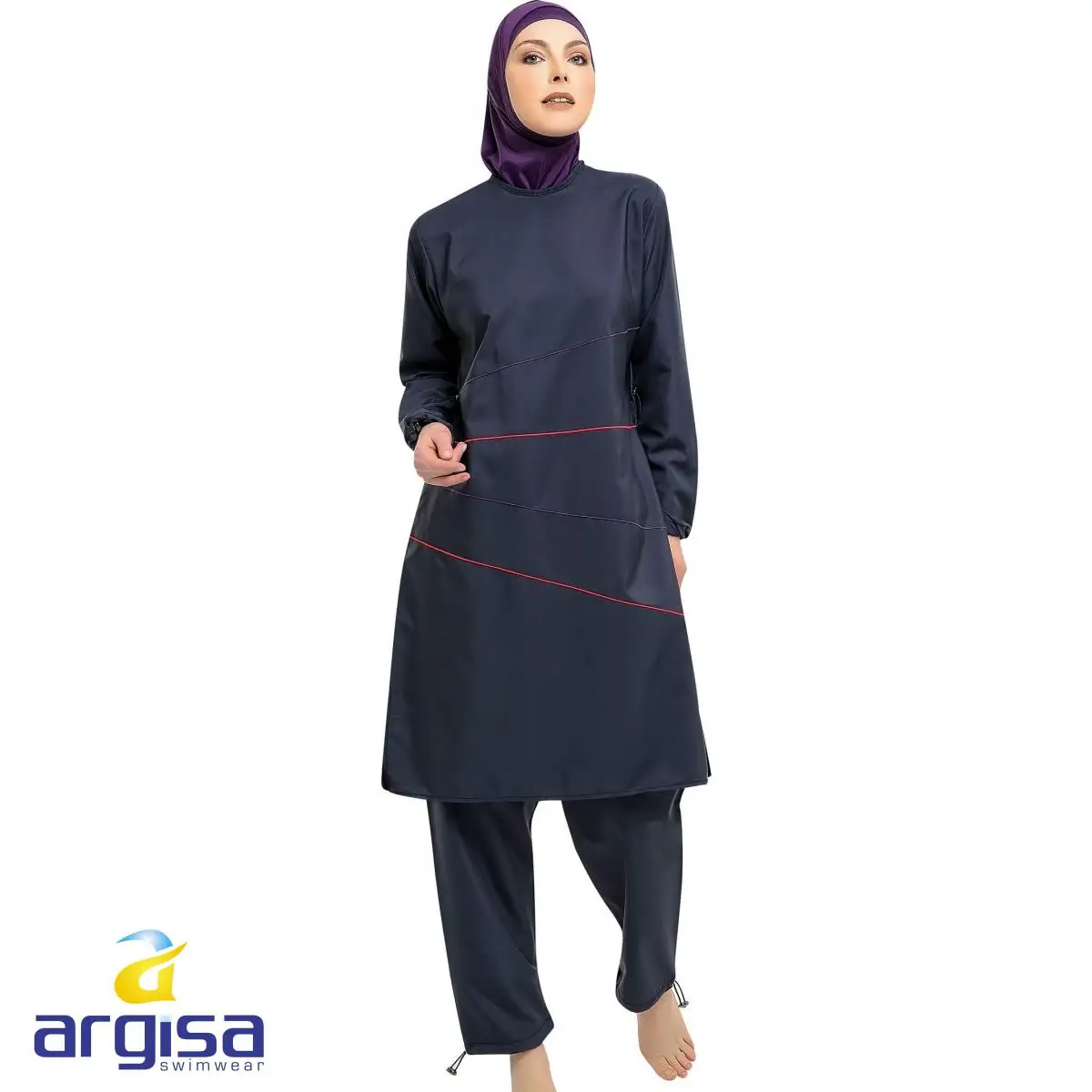 Argisa 7116 Extra Long Sleeve Hidden Zipper Full Burkini Muslim Swimwear S-XXXL Hijab Islamic Swimsuit Turkey Women Blue GRAY