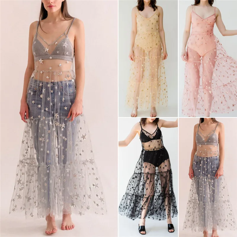 Boho Women See Through Maxi Dresses Fashion Girl Spaghetti Straps Tulle Bling Long Dress Summer Transparent Star Dress Hot