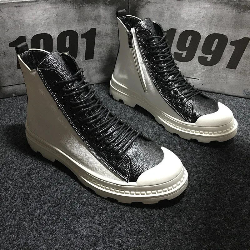 New Genuine Leather High Top Shoes Men Designer Mixed Colors Fashion Casual Sneakers Flat Platform Work Shoes Mens Short Boots