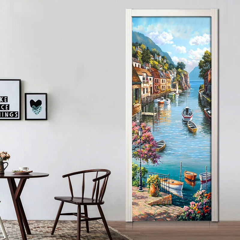 PVC Self-adhesive Door Sticker Oil Painting Street Lake View Waterproof Wallpaper For Living Room Bedroom Door Mural Decal Decor