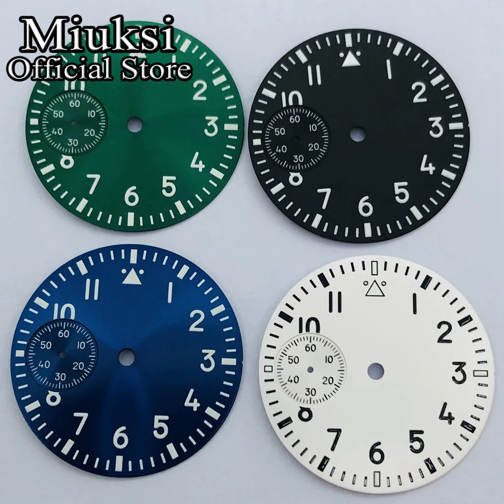 Miuksi 37mm black blue green white watch dial fit ETA 6497 or Seagull ST3600 movement