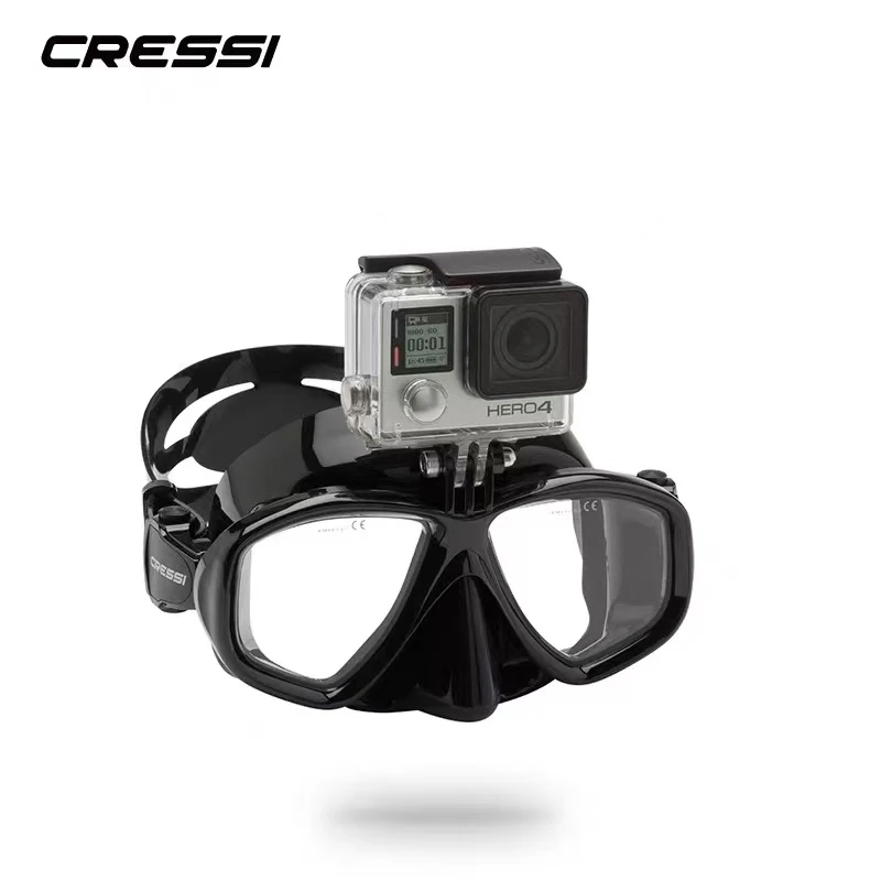 Cressi ACTION Scuba Diving Mask With Go Pro Camera Mount Tempered Glass 2 Window Low Volume Snorkeling Swimming Mask for Adults