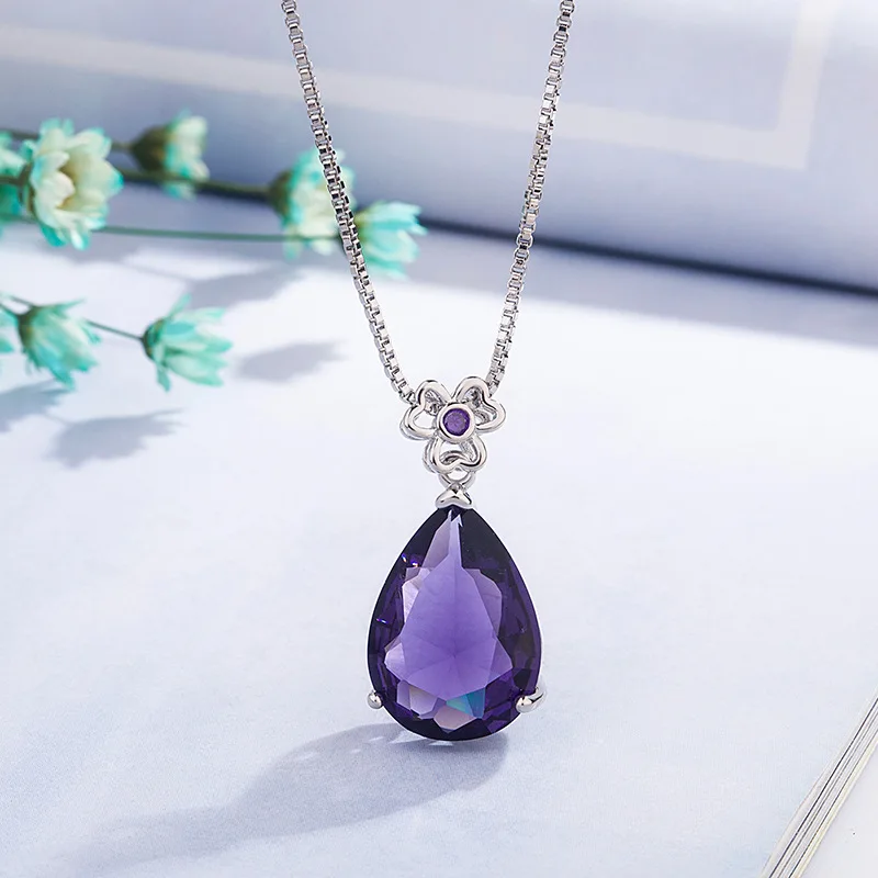 HuiSept Silver 925 Jewelry Necklace for Women Wedding Water Drop Shaped Amethyst Gemstone Pendant Valentine Day Gift Ornaments