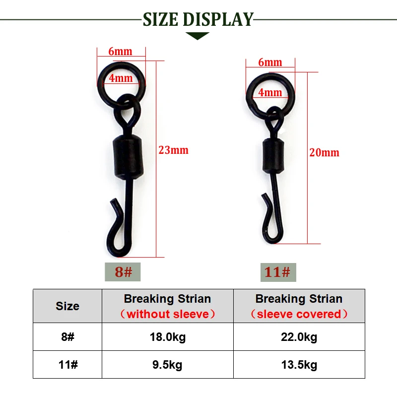 20 قطعة حلقة مرنة سريعة التغيير يدور مع خطاف حلقي مقاس المملكة المتحدة 8 و11 ملحقات صيد سمك الساق QC Kwik Swivels Chod Ronnie Rig #2
