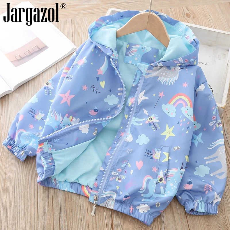 Kids Girls Long Sleeve Windbreaker Unicorn Jacket Cartoon Hooded Blue Color Jackets Fahion Outerwear for 2-7years Old