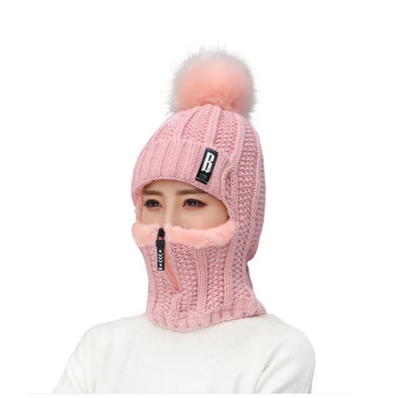 Women Wool Knitted Hat Ski Hat Sets For Female Windproof Winter Outdoor Knit Warm Thick Siamese Scarf Collar Warm Hat Girl Gift