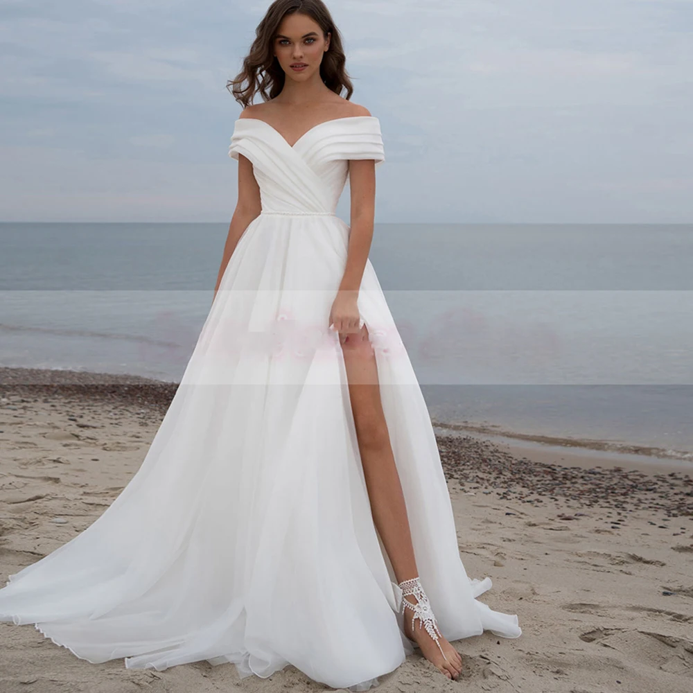 Abito da sposa Sexy con spacco laterale bianco al largo della spalla modesto lunghezza del pavimento del treno con abito da sposa in Chiffon 2021 su misura