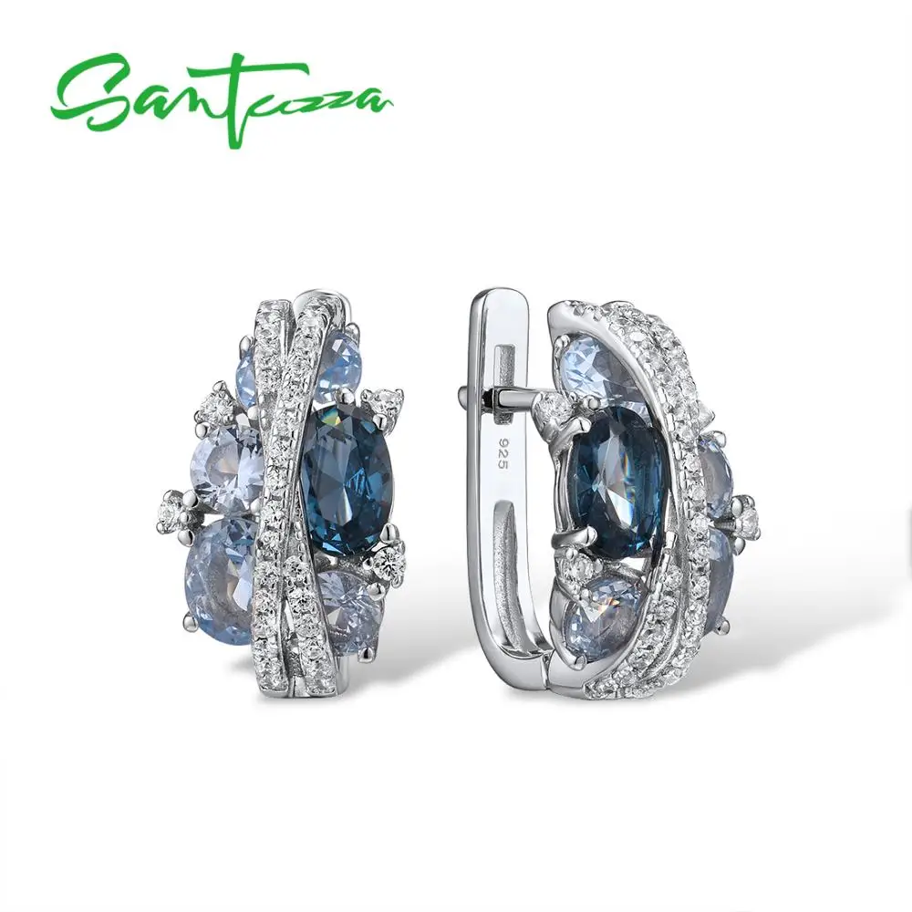 SANTUZZA Genuine 925 Silver Jewelry Set For Women Sparkling Blue Spinel Earrings Ring Set Delicate Luxury серьги Fine Jewelry