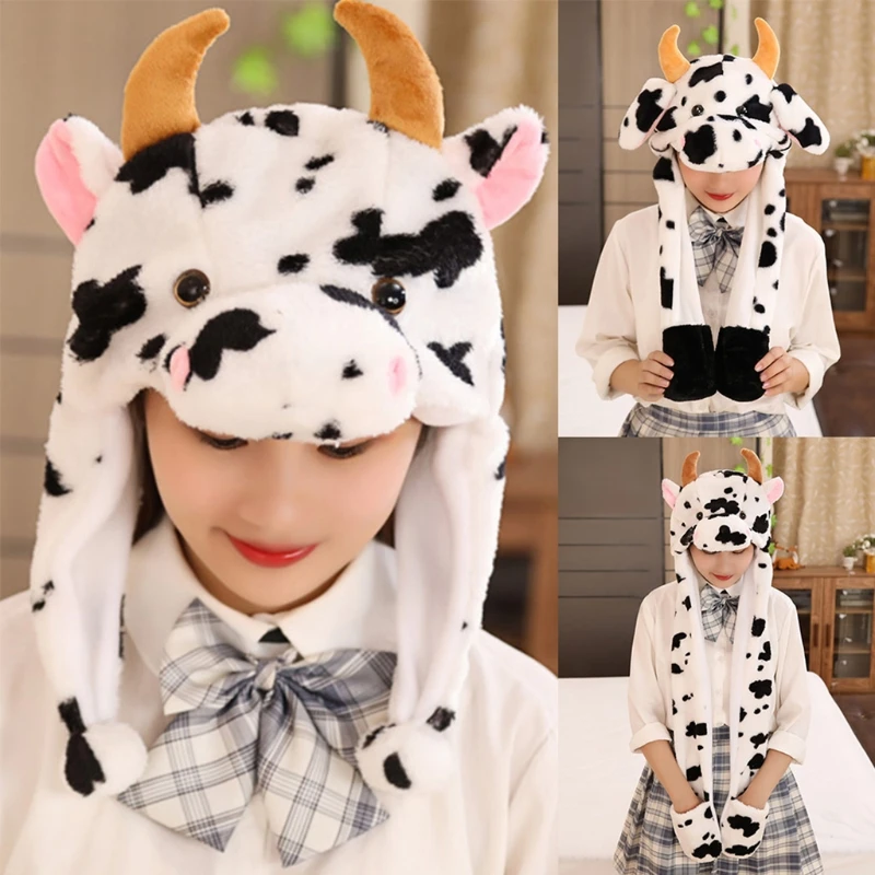 New Kids Cute Cow Animal Plush Hat with Moving Ears Fluffy Warm Earflap Cap Scarf