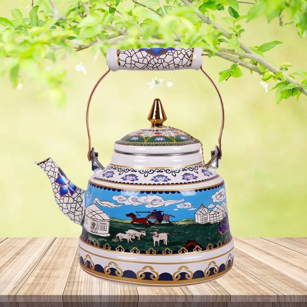 

1.7L Tibetan Style Porcelain Enameled Teapot Chinese Ethnic Characteristic Milk Tea Infuser Enamel Boiling Water Kettle