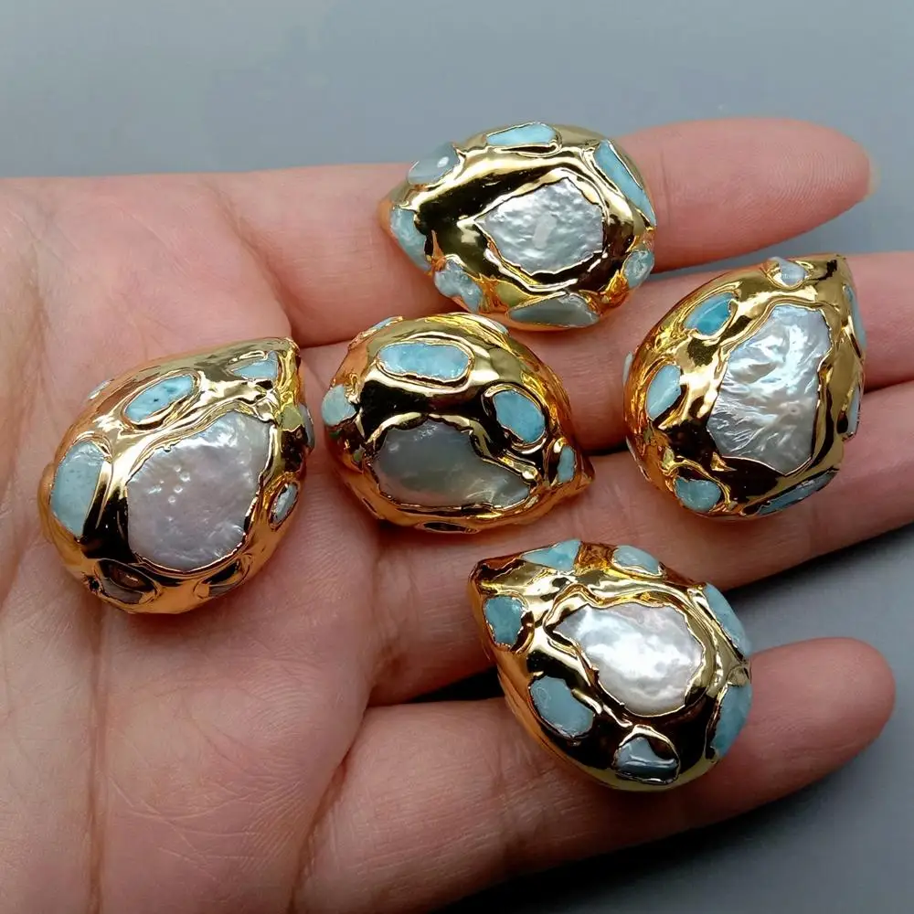 5 Pcs Freshwater Pearl Blue Larimar Teardrop Shape Jewelry Accessories
