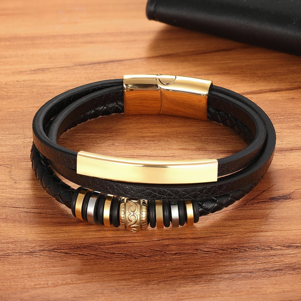 XQNI Fashion Promotion Multi-layer Leather Stainless Steel Metal Luxury Men\'s Leather Bracelet Accessories For New Year\'s Gift