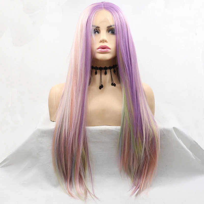 Long Straight Rainbow Multi Purple Pink Green Blue Mixed Color Synthetic Lace Front Wigs Frontal Glueless Wig For Black Women