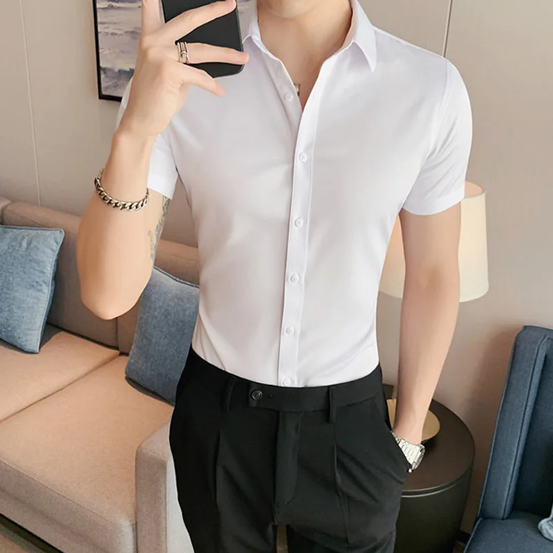 Small Asian Size Summer Fashion New Mens Shirt Korea Styles Short Sleeve Slim Fit Yellow Green White Casual Social Shirts