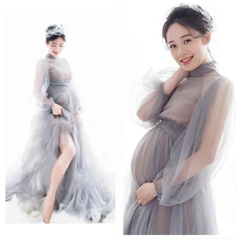 

Sexy Long Maternity Photography Props Dresses Tulle Perspective Pregnancy Dress Mesh Maxi Gown For Pregnant Women Photo Shooting