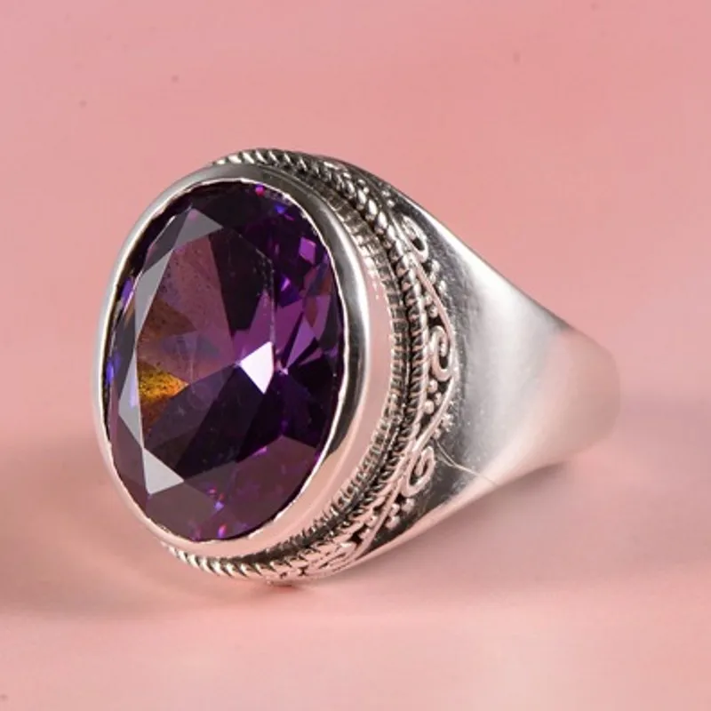 BOCAI New Real s925 Sterling Silver Jewelry Korean Faceted Zircon Amethyst Fashion Simple Woman Ring