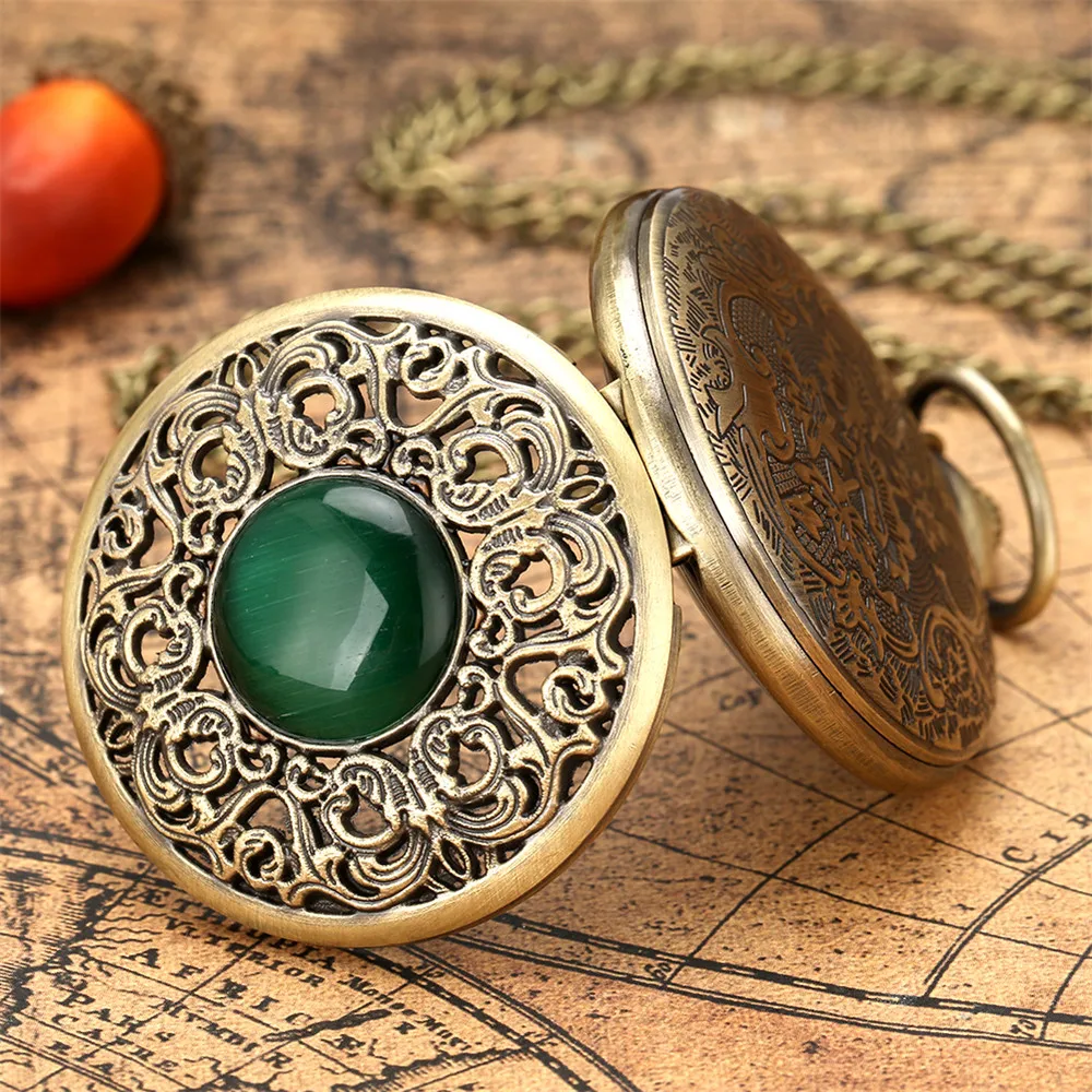 Reloj de bolsillo con colgante para hombre y mujer, pulsera de cuarzo con diseño de piedra verde, números arábigos, esfera blanca, regalo Retro