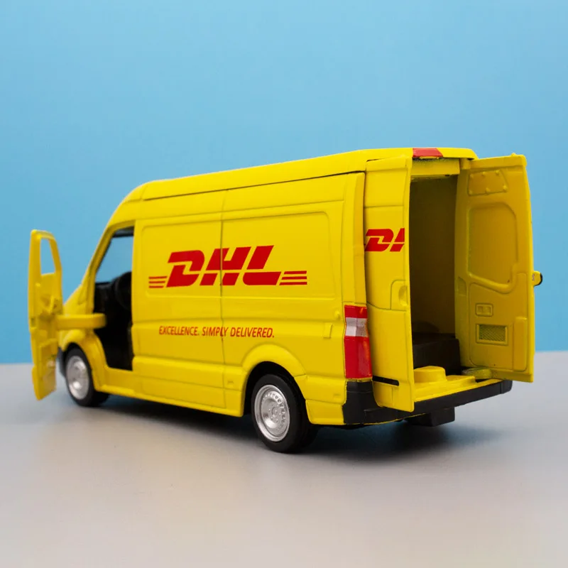 จำลองรถบรรทุก DHL 1/36ชุดของเล่นโลหะผสมดึงกลับรถขนาดเล็กแบบจำลองที่ได้รับอนุญาต Die Cast ของเล่นคอลเลกชัน