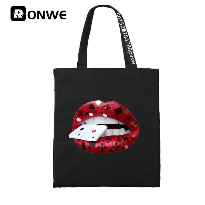 Funny Lips Women Print Reusable Shopping Canvas Bag Girl Tote Eco Harajuku Shopper Shoulder Bags,Drop Ship