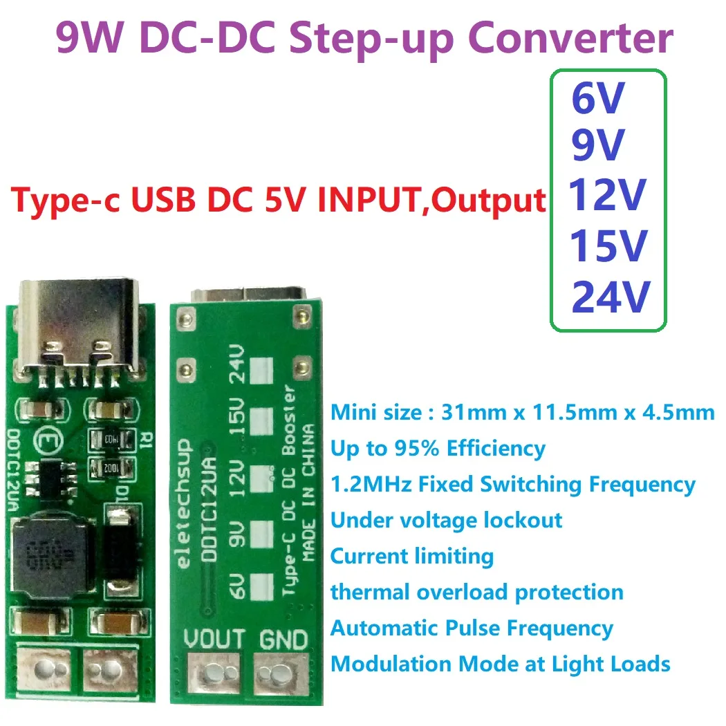 Przetwornica DC Boost Step-up PWM PFM Moduł regulatora napięcia 9W mini Type-C USB DC 5V do 6V 9V 12V 15V 24V