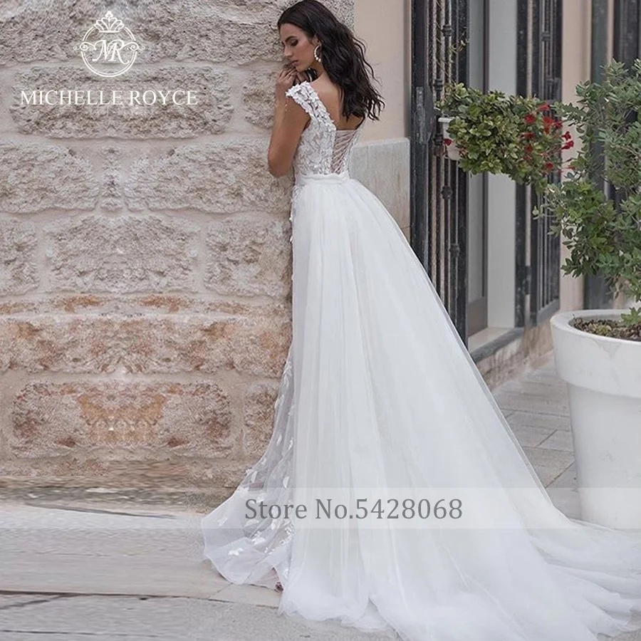 Michelle Royce 2 In 1 V-neck Wedding Dresses For Women 2022 Appliques Detachable Train Dreamy Lace Wedding Gown Vestido De Novia