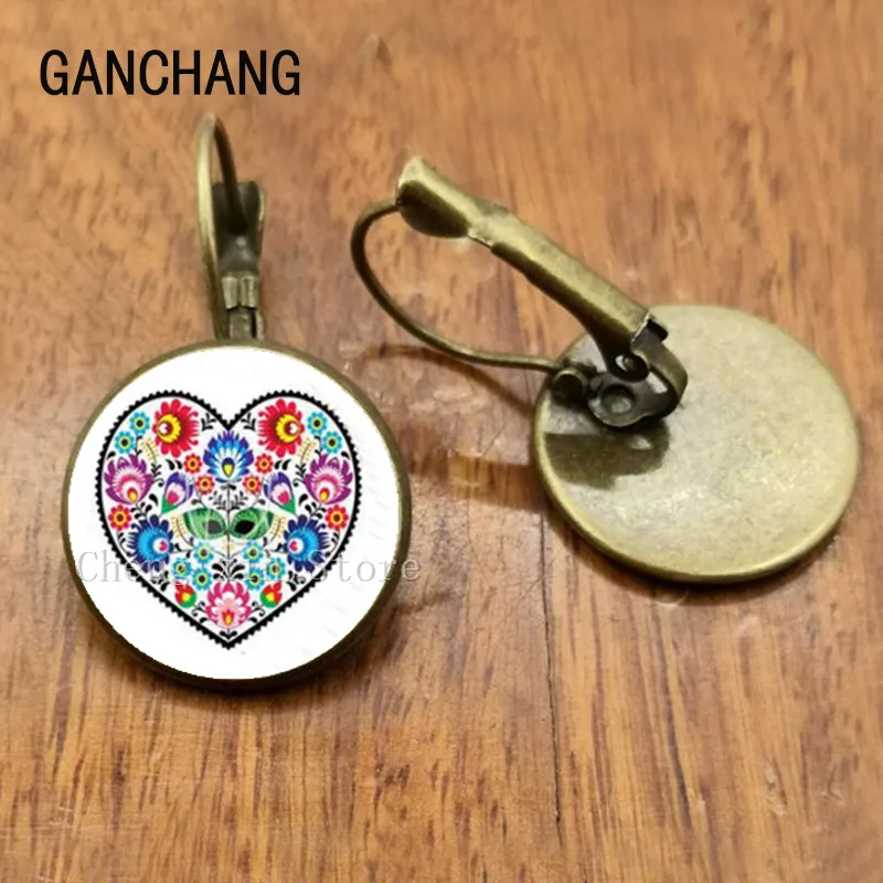Polish folk art picture stud earrings fashion jewelry, female flower earrings with glass convex round modern paper-cut elements