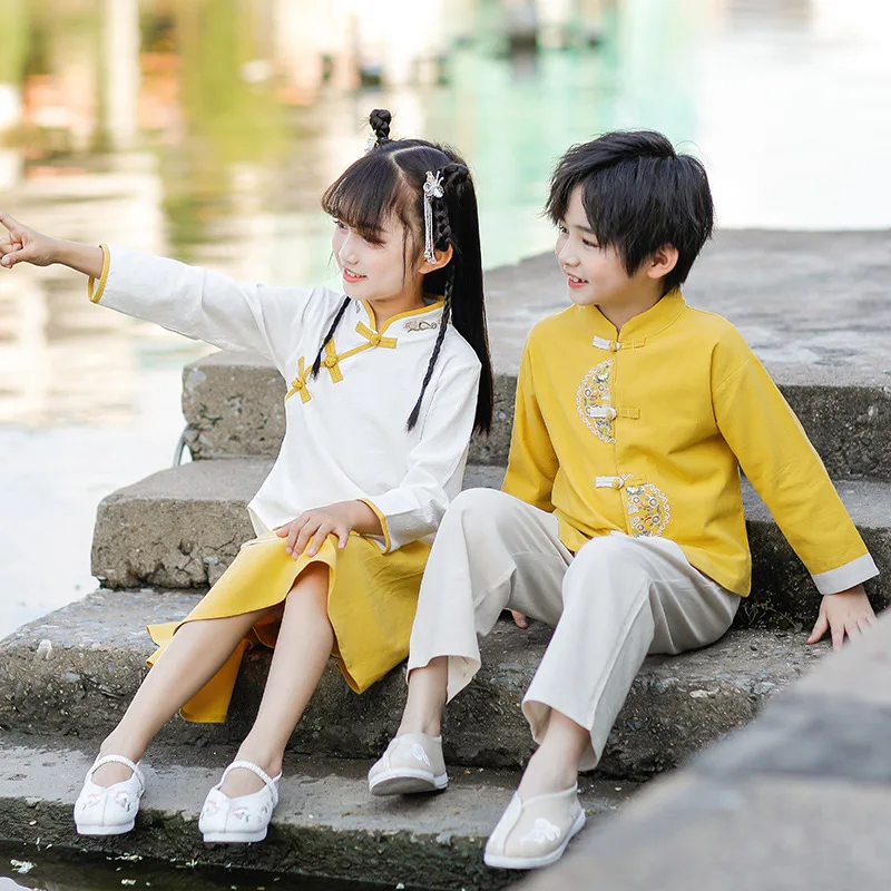 Spring Autunm Kids Chinese Lovely Ancient Hanfu Boys Embroidery Cotton Perform Costumes Girls Photography Clothing