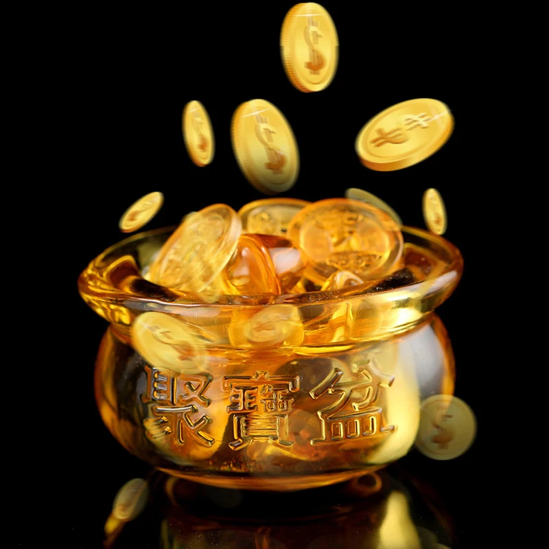 Feng Shui Chinese Crystal Gold Ingots, Yellow Wealth, Cornucopia Treasure Bowl, Statue Decoration