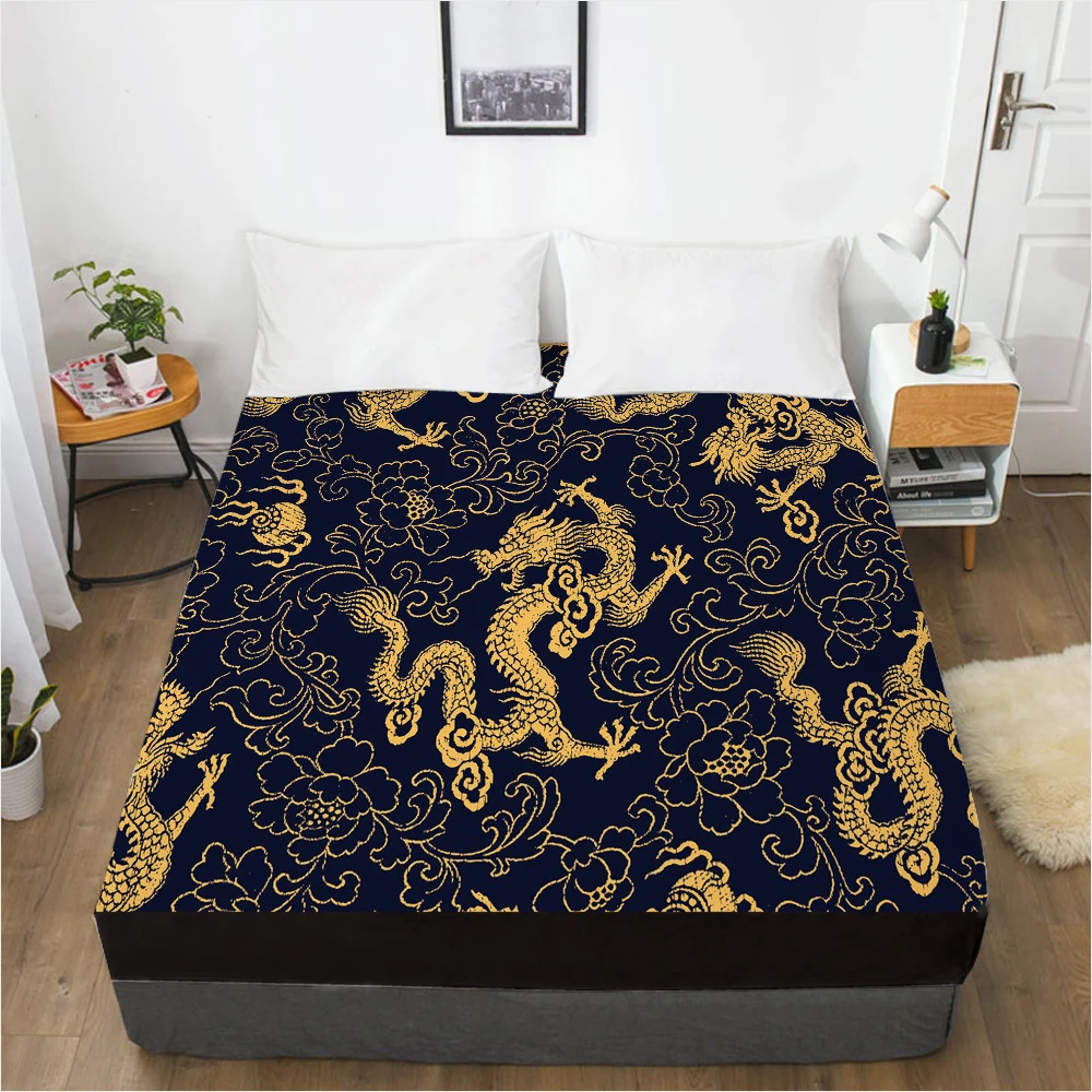 Sábanas ajustadas con banda elástica, Funda de colchón, ropa de cama de 90x200, 180x200, 135x200, tamaño 3D impreso, negro y dorado