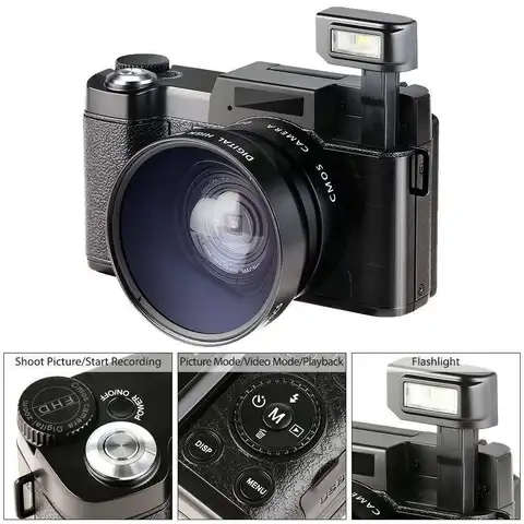 Professional 24MP Video Camera 4X Zoom Rotatable Screen Full 1080P Anti-shake SLR Camcorder Photo w/ Wide Lens and 32GB Card