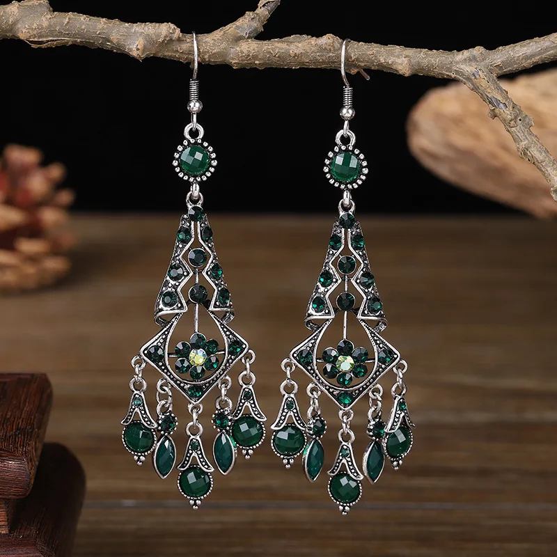 Fashion Ethnic Women's Crystal Flower Drop Tassel Long Earrings Wedding Jewelry Vintage Statement Bohemian Earrings Brincos
