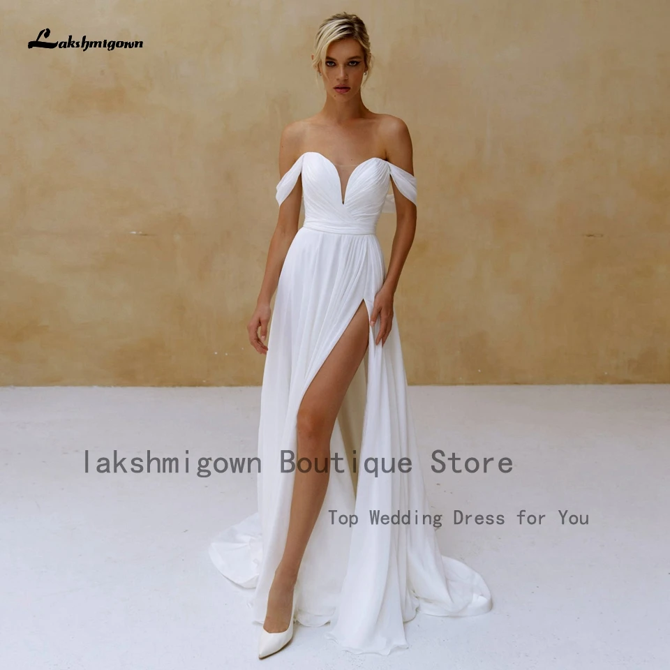 

Lakshmigown Cheap Puffy Chiffon Long Beach Wedding Dress Off the Shoulder Ruched Bridal Sexy Dinner Wedding Gown 2022 Robe Femme