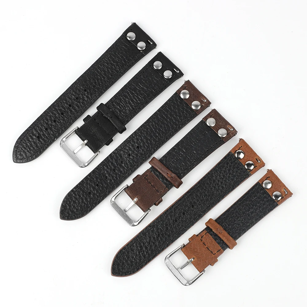 Genuine Leather Handmade Watch Band Strap 18mm 20mm 22mm With Rivets Universal Watchband Steel Buckle Strap Wrist Belt Bracelet