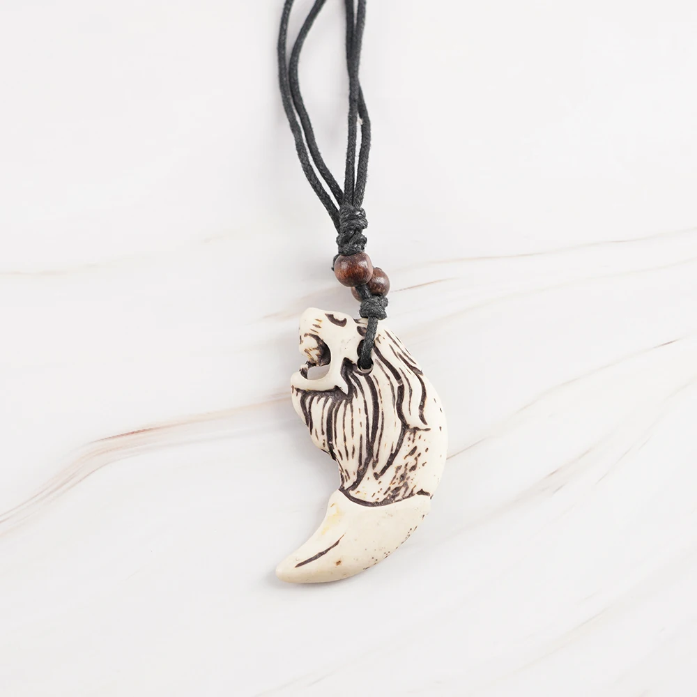 Cool Bone Carved Lion Tooth Wolf Teeth Charms Pendant Resin Necklaces For Women Men Elephant Pendent Wood Beads Amulet Gift